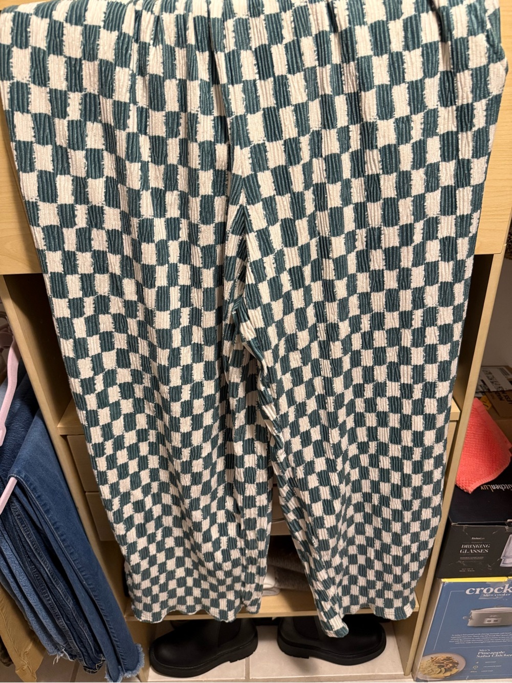 Wide Leg Checker Knit Pants in Teal and Cream